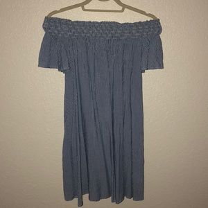 off the shoulder blue and white striped dress